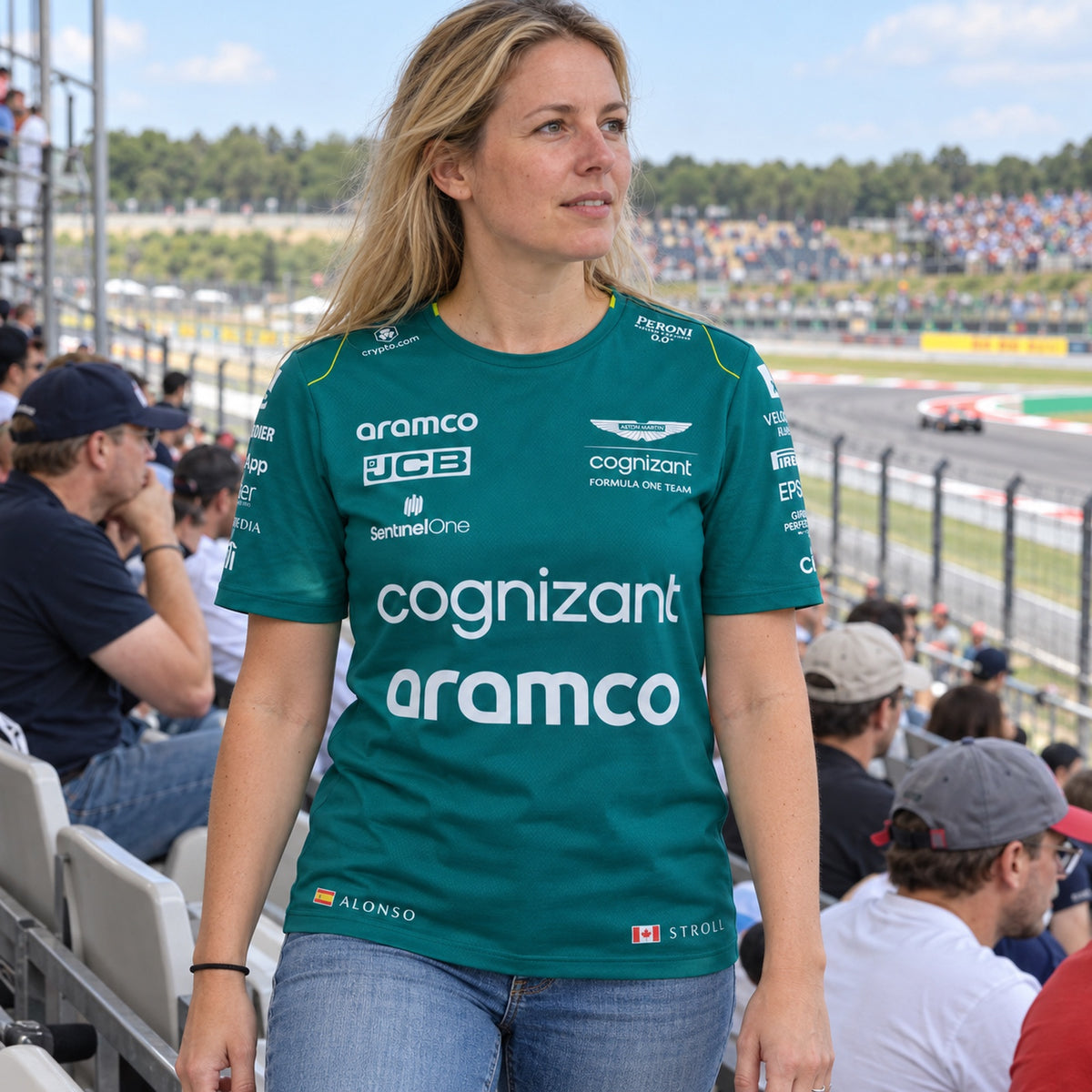 Týmové tričko Aston Martin F1 Team s logy sponzorů – ilustrační foto 2 (AI)