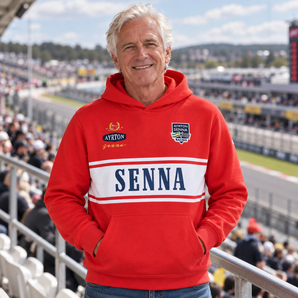 Mikina s kapucí Ayrton Senna Legend – červená – ilustrační foto (AI)