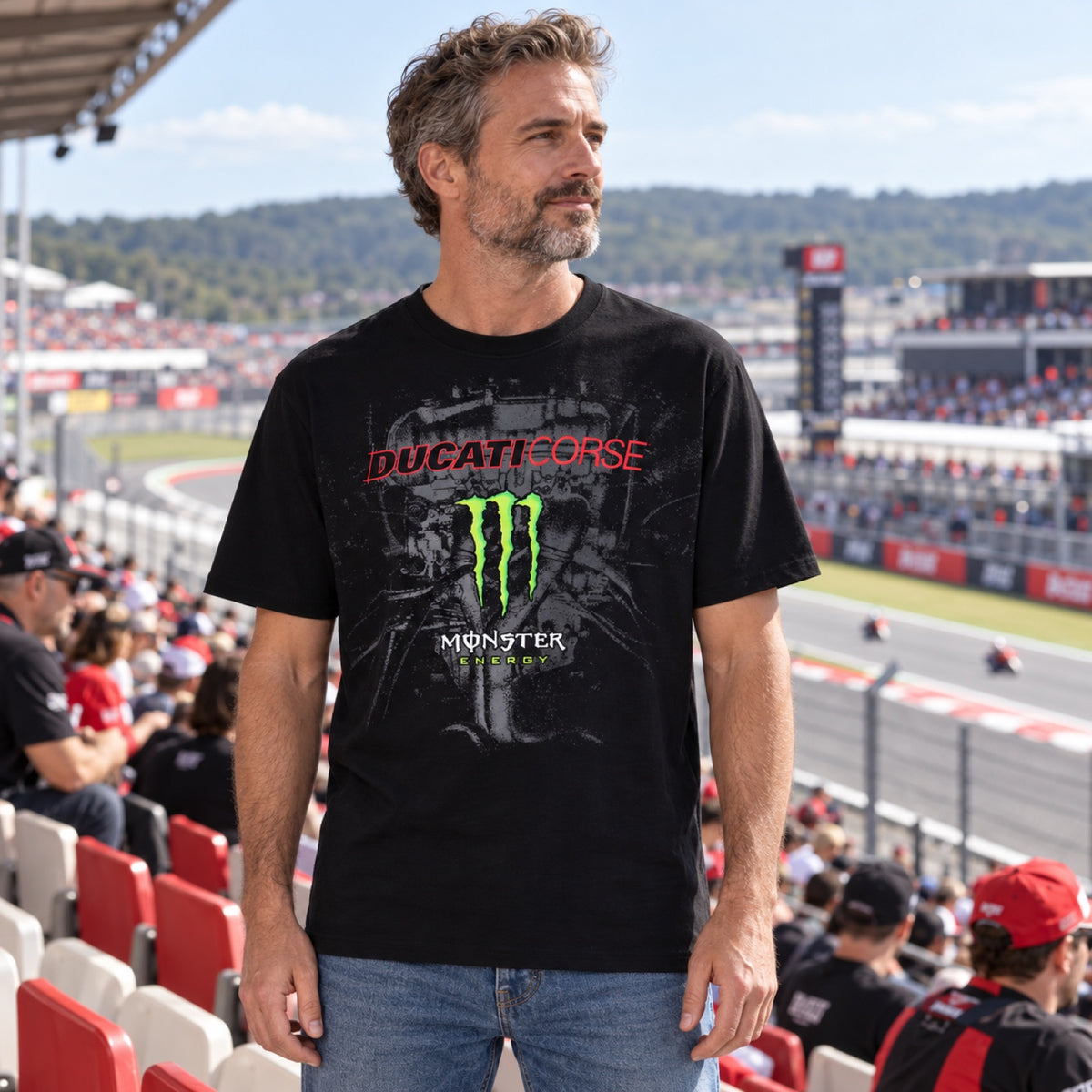 Tričko pro fanoušky Ducati Corse Monster Energy – černé – ilustrační foto (AI)