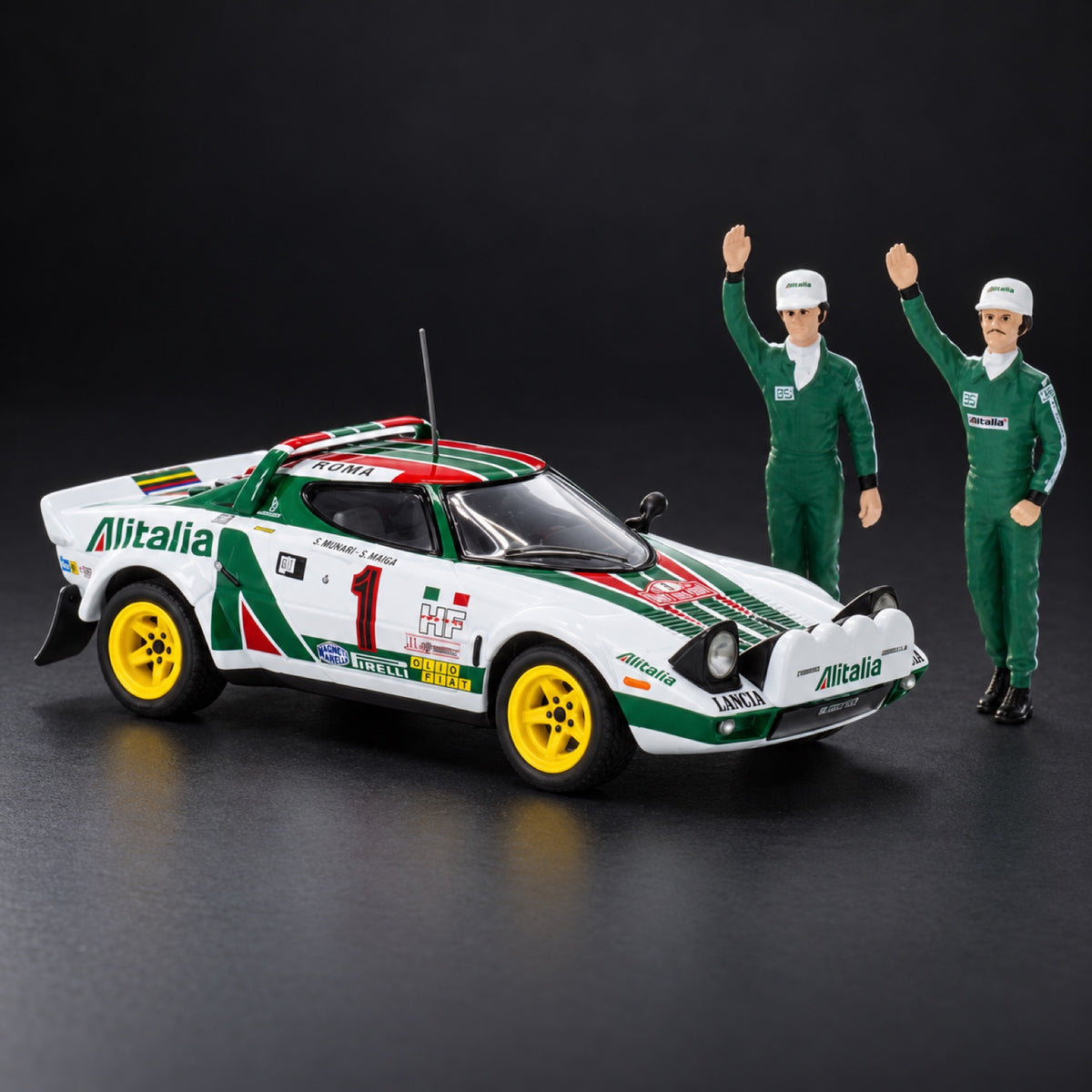 Model Lancia Stratos HF, č. 1, Alitalia, WRC, Rallye Monte Carlo, vítěz, s figurkami, S. Munari/S. Maiga, 1977 – ilustrační foto (AI)