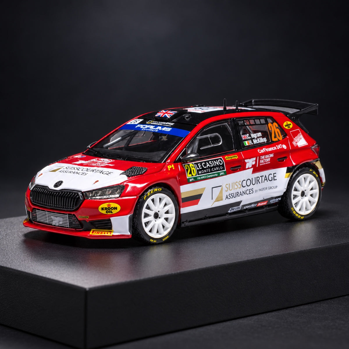 Model IXO Škoda Fabia Rally2 2024 č. 26 C. Ingram – Rallye Monte Carlo – ilustrační foto (AI)