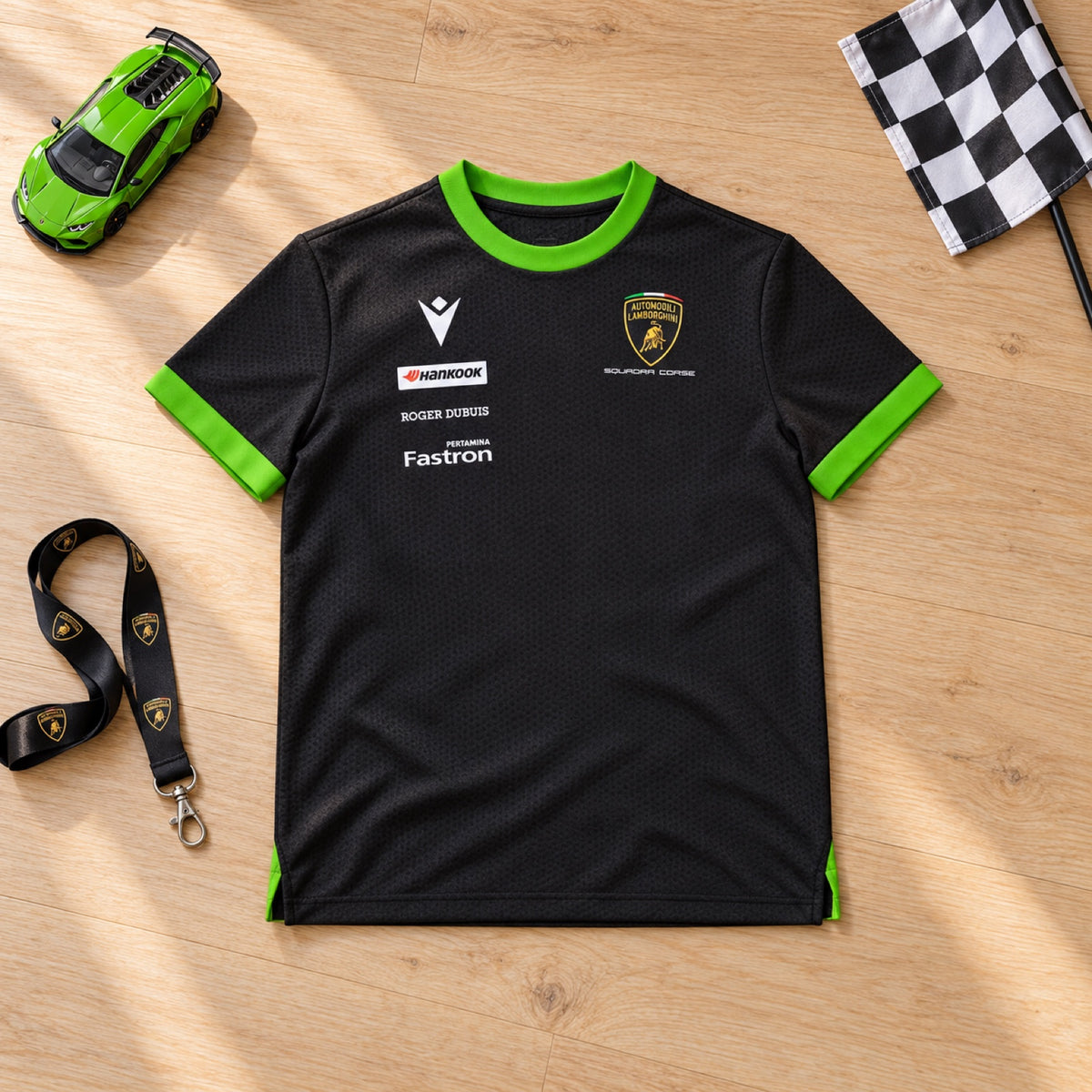 Dětské tričko Lamborghini Squadra Corse s logy sponzorů – 9–12 let – ilustrační foto (AI)