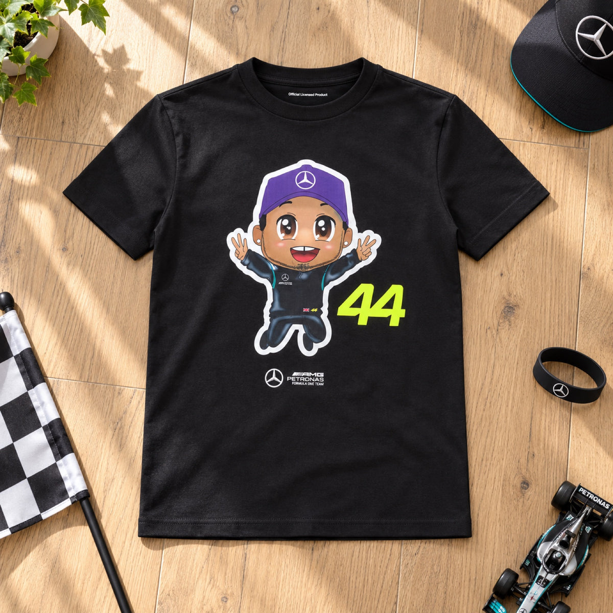 Dětské tričko Lewis Hamilton Mercedes-AMG F1 – černé – 152 cm – ilustrační foto (AI)