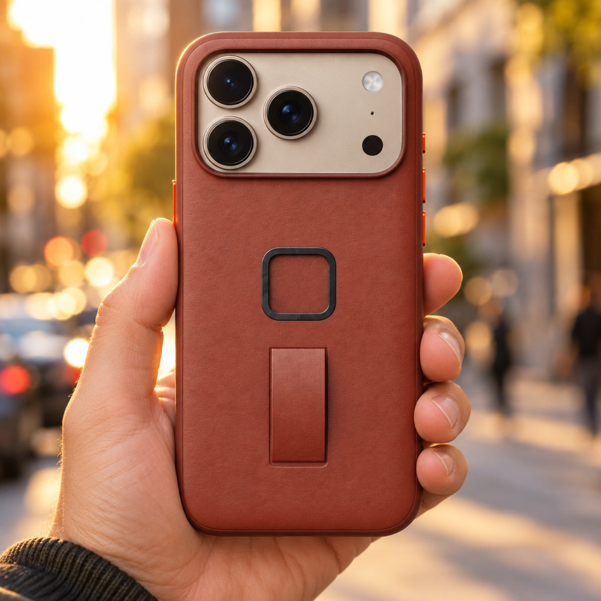 Pouzdro Peak Design Everyday Loop Case Slimlink iPhone 18 Pro Max – Redwood Clarino – ilustrační foto (AI)