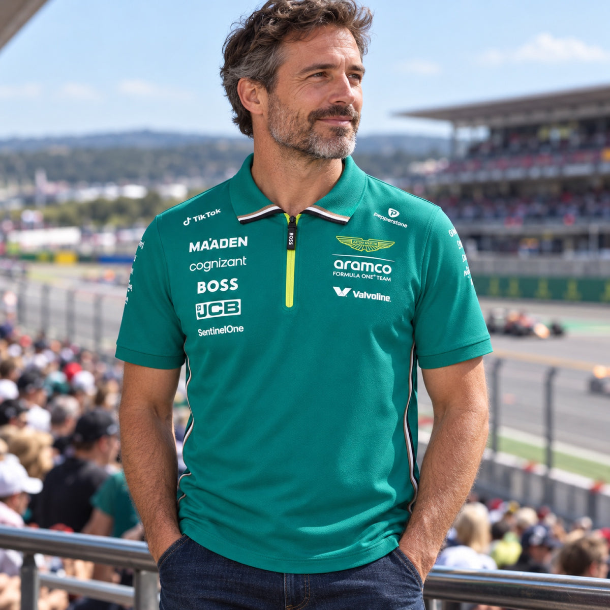 Polokošile Aston Martin F1 Team s logy sponzorů – ilustrační foto (AI)
