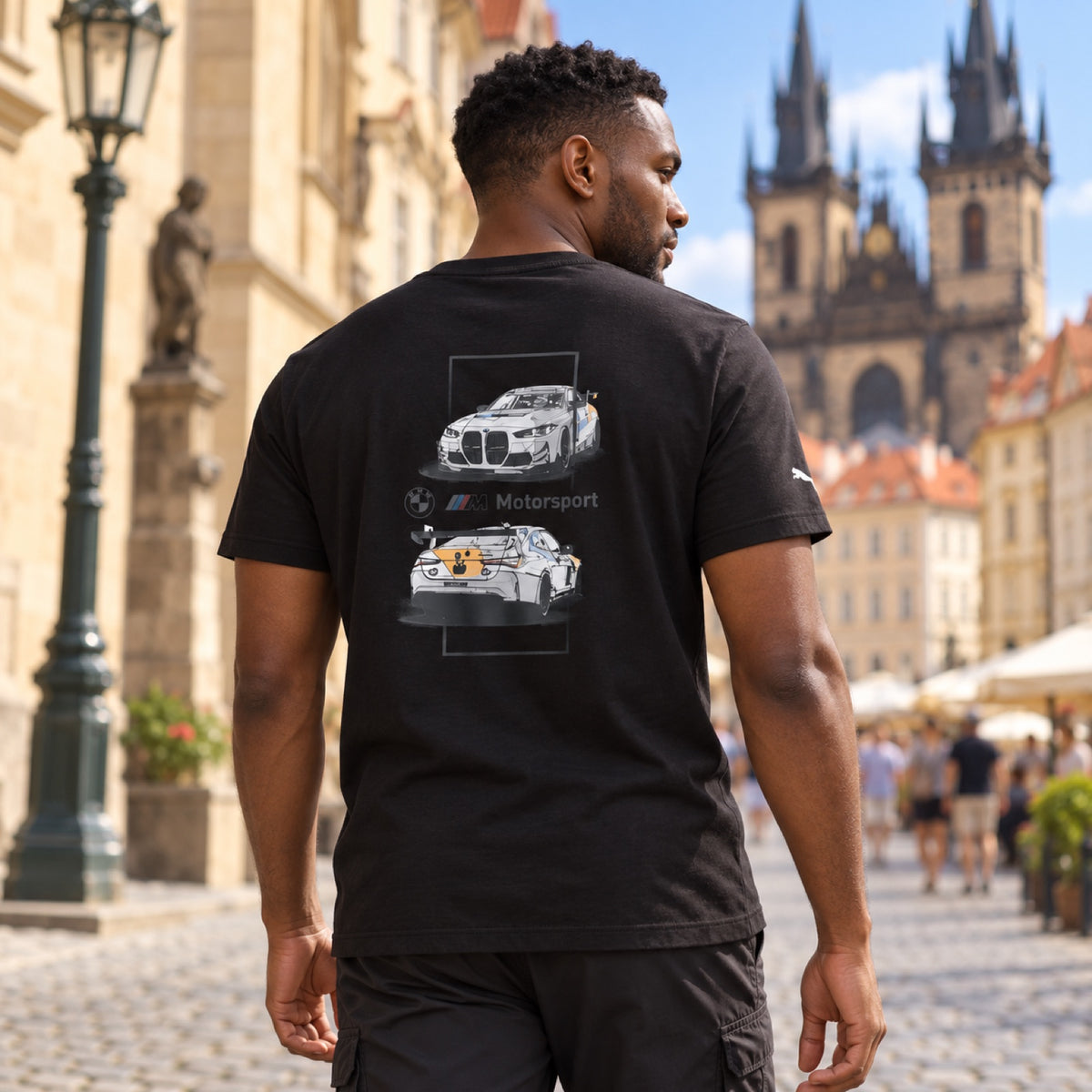 Tričko pro fanoušky BMW Motorsport se závodním motivem – černé – ilustrační foto (AI)