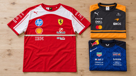 Velikostní tabulky týmového oblečení F1 a MotoGP: Puma, Castore, Adidas a New Era – ilustrační obrázek vytvořený pomocí AI