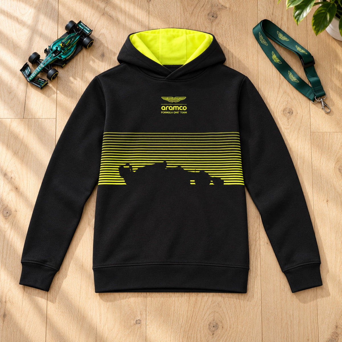 Dětská mikina s kapucí pro fanoušky Aston Martin F1 Team GRAPHIC – černá – 152 cm – ilustrační foto (AI)