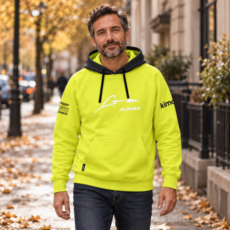 Mikina s kapucí Fernando Alonso x Aston Martin Casual – limetková – ilustrační foto (AI)