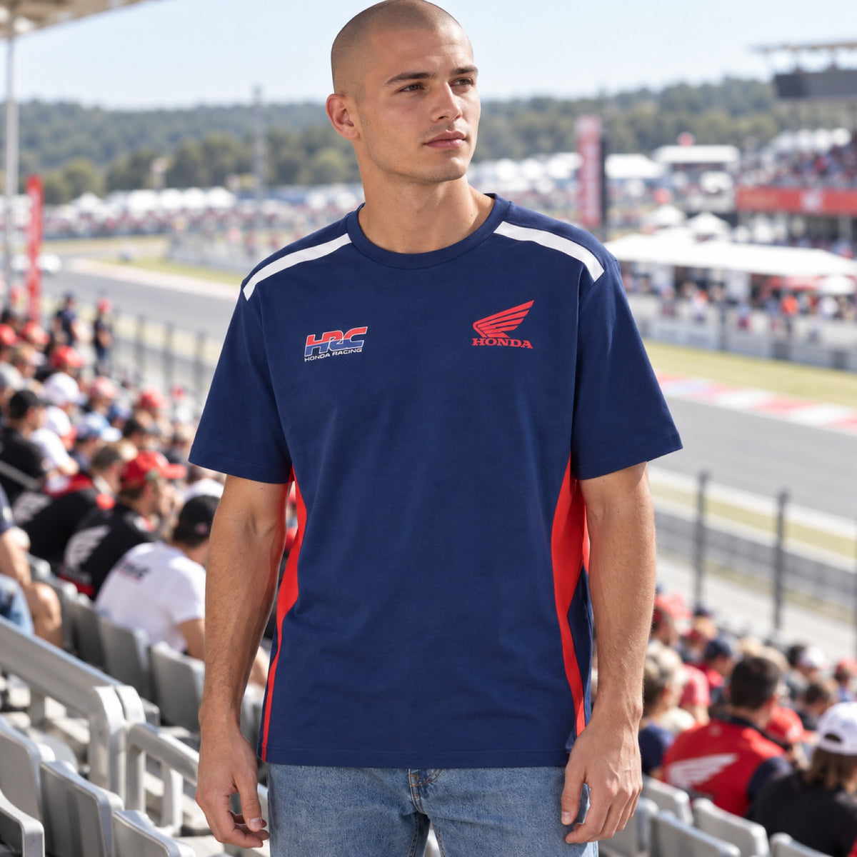 Tričko pro fanoušky HRC Honda s logem – modré – ilustrační foto (AI)