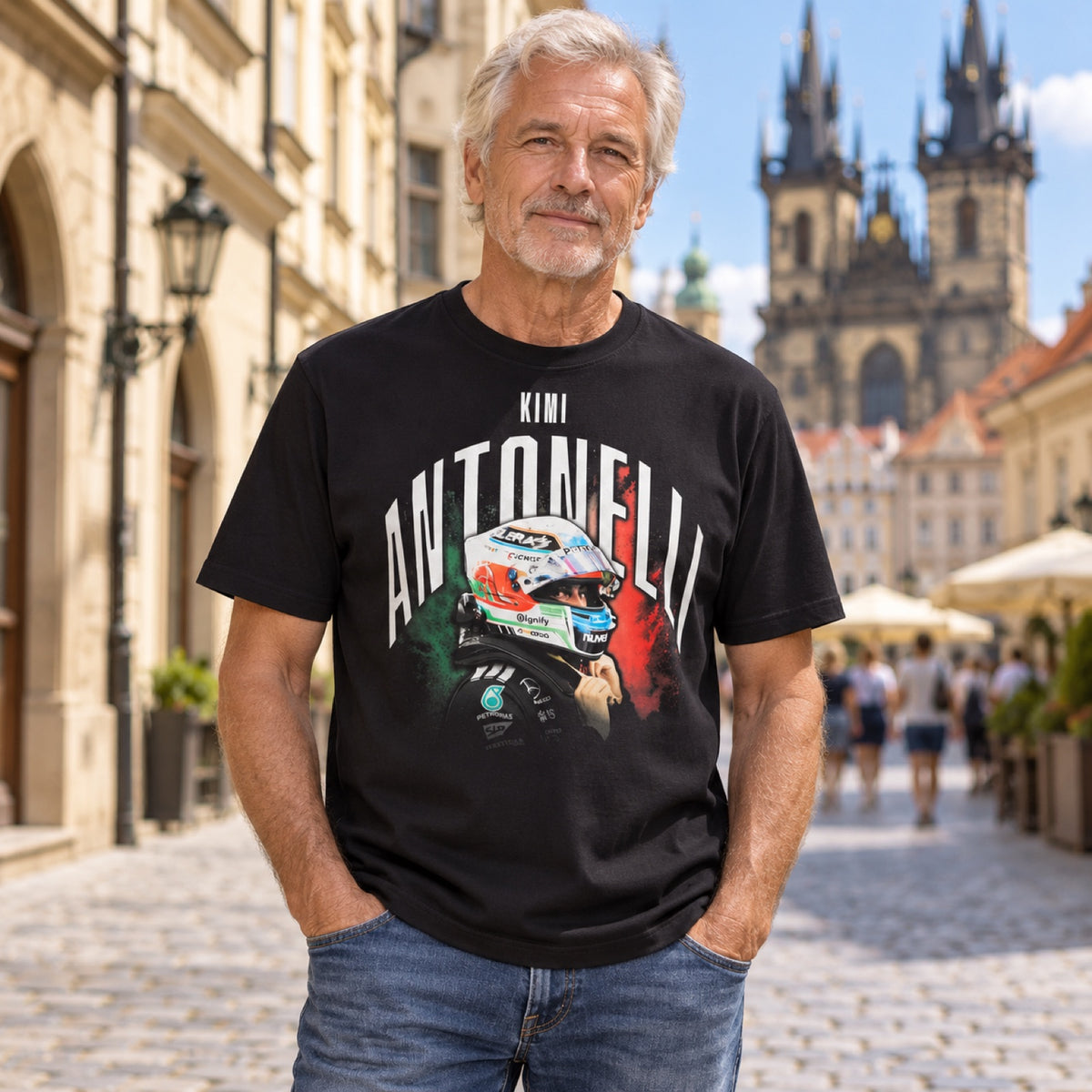 Tričko Mercedes-AMG PETRONAS F1 x Adidas KIMI ANTONELLI GRAPHIC – černé – ilustrační foto (AI)