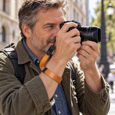 Kožené poutko na zápěstí Peak Design Cuff Leather Camera Wrist Strap – Amber – ilustrační foto (AI)