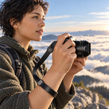 Kožené poutko na zápěstí Peak Design Cuff Leather Camera Wrist Strap – černé – ilustrační foto (AI)