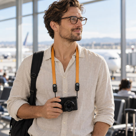 Kožený popruh na krk Peak Design Form Leather Camera Neck Strap – Amber – ilustrační foto (AI)