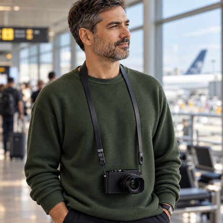 Kožený popruh na fotoaparát Peak Design Form Leather Camera Strap Long – černý – ilustrační foto (AI)