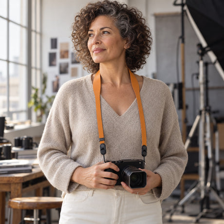 Kožený popruh na fotoaparát Peak Design Form Leather Camera Strap Short – Amber – ilustrační foto (AI)