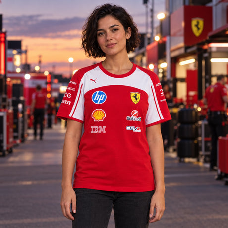 Dámské týmové tričko Scuderia Ferrari F1 x Puma s logy sponzorů – ilustrační foto (AI)