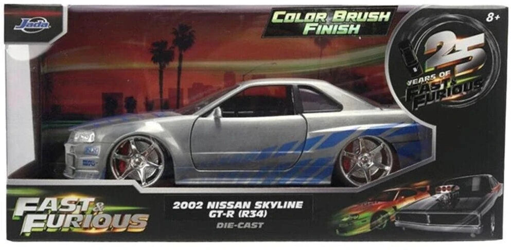 Model Jada Rychle a zběsile Brian's Nissan Skyline GT-R (R34) v měřítku 1:24 – 25th Anniversary Silver